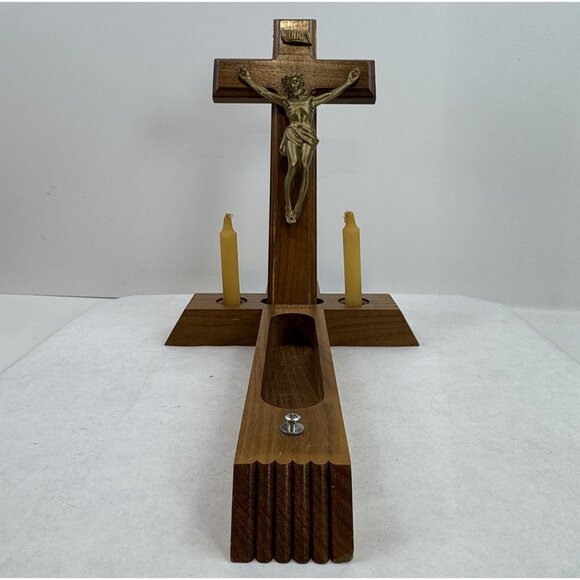 Vintage Crucifix Sick Call Set Walnut Wood Last Rights Cross Catholic INRI 13" - Picture 6 of 12